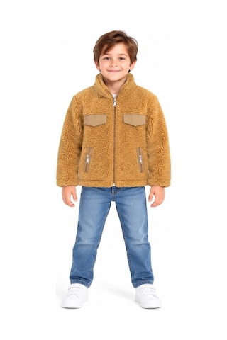 Mavi Boncukk Çocuk Unisex Peluş Welsoft Fermuarlı Kapüşonlu Ve Dik Yaka Polar Mont Ceket Camel