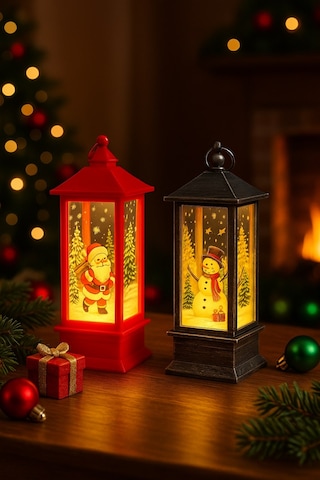 Led Işıklı Noel Feneri 2 Li Set Noel Baba & Kardan Adam Temalı Dekoratif Yılbaşı Lambası 14 Cm 12 CM