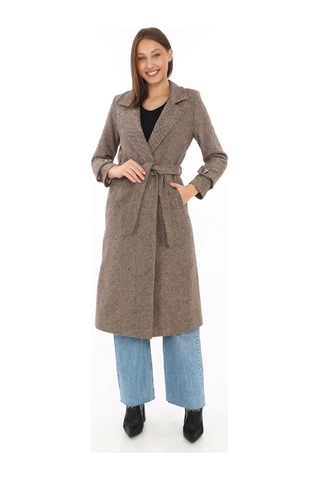 Kadın Balık Sırtı Kaşe Kaban Uzun Boy Kruvaze Yaka Kuşaklı Astarlı Kışlık Tesettür Kaban, Yünlü Do Vizon