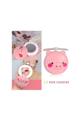 "mini 2-in-1 Usb Rechargeable Cosmetic Fan With Led Mirror, Pink Piggy Design, Portable For Makeup & Cooling"