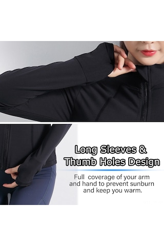Jeemson Kadın Spor Ceketi - Nefes Alabilir, Hızlı Kuruyan, Parmak Delikli, Yoga Ve Koşu İçin SiYAH