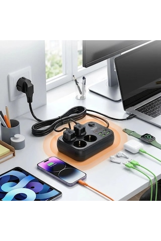 Çoklu Priz Uzatma Kablosu 4 Soket + 4 Usb + 2 Type-c Termal Akım Korumalı, Isıya Dayanıklı, Çocuk Korumalı Güvenli Priz 100-250v - Kablo Uzunluğu 2 Metredir Çok Renkli