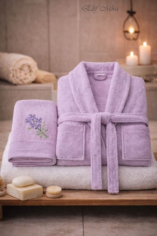 Tek Kişilik Banyo Havlulu Bornoz Seti Pamuklu Bukle Şalyaka Nuvia Lila