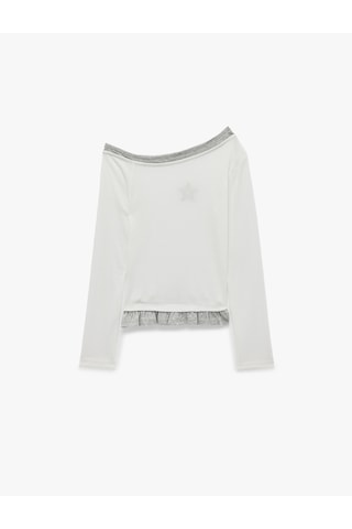 Koton Slim Fit Nakışlı Asimetrik Yaka Katmanlı Fırfırlı Uzun Kollu Kaşkorse Tişört Ekru 7wal10458ık