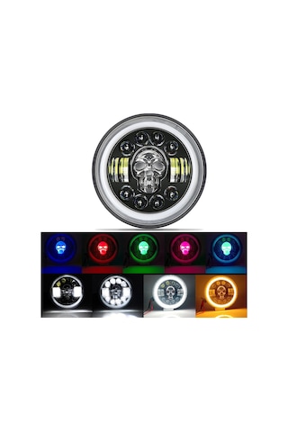Hallow-7 İnç Motosiklet Far Yuvarlak Rgb Kafatası Far Melek Lmk00160