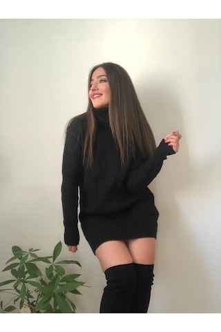 Kadın Siyah Balıkçı Yaka Selanik Örme Triko Kazak Tunik Siyah