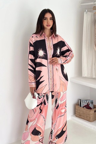Modal Saten Kumaş Desenli Takım Pembe Pembe