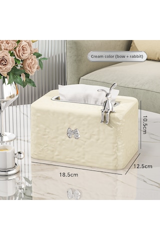 Reedark Krem Beyaz Tavşanlı Bowlıklı Cam Gibi Şeffaf Buz Desenli Masaüstü Havlu Kutusu - Oturma Odası Çay Masası Plastik Saklama Kutusu
