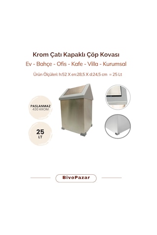 Krom Sallanır Çatı Kapaklı Çöp Kovası 25 Lt