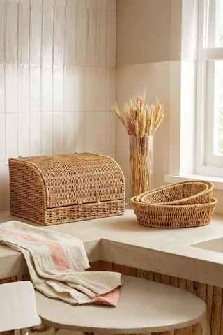 Mien Doğal Rattan 3’lü Hasır Set | Kapaklı Ekmek Sepeti ve Dekoratif Sunum Sepetleri