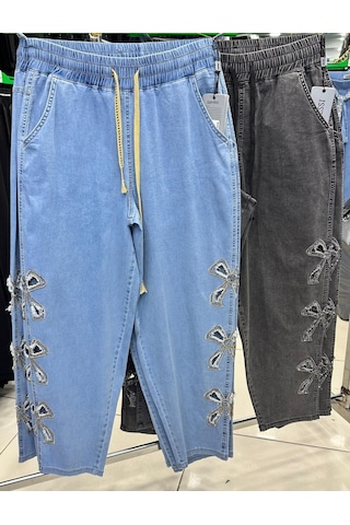 Zanessi Fashıon Büyük Beden Yüksek Bel Taş Detaylı Likralı Beli Lastikli Denim Mom Kadın Pantolon Siyah