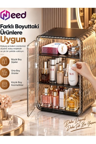 Need Dolap Tasarımlı Şeffaf Kapaklı Makyaj Organizeri Gold Transparan - Nd-8095-tpb