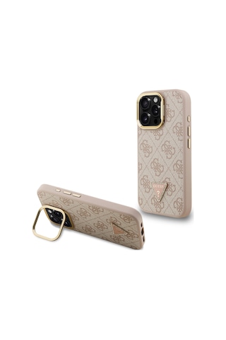 Apple iPhone 15 Pro Max Uyumlu Kılıf Guess Lisanslı Üçgen Logo 4g Desenli Kamera Standlı Kapak Pembe