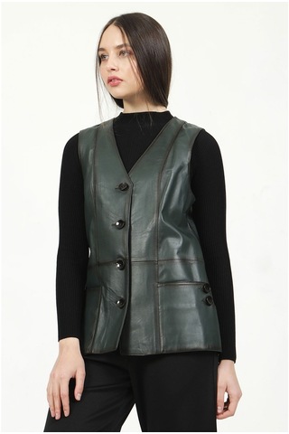 Dericlub Yb-2017 Gerçek Deri Kadın Yelek Yeşil