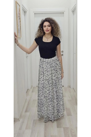 Bel Lastikli Kloş Şifon Etek 6003-beyaz/siyah Beyaz/siyah Beyaz - Siyah