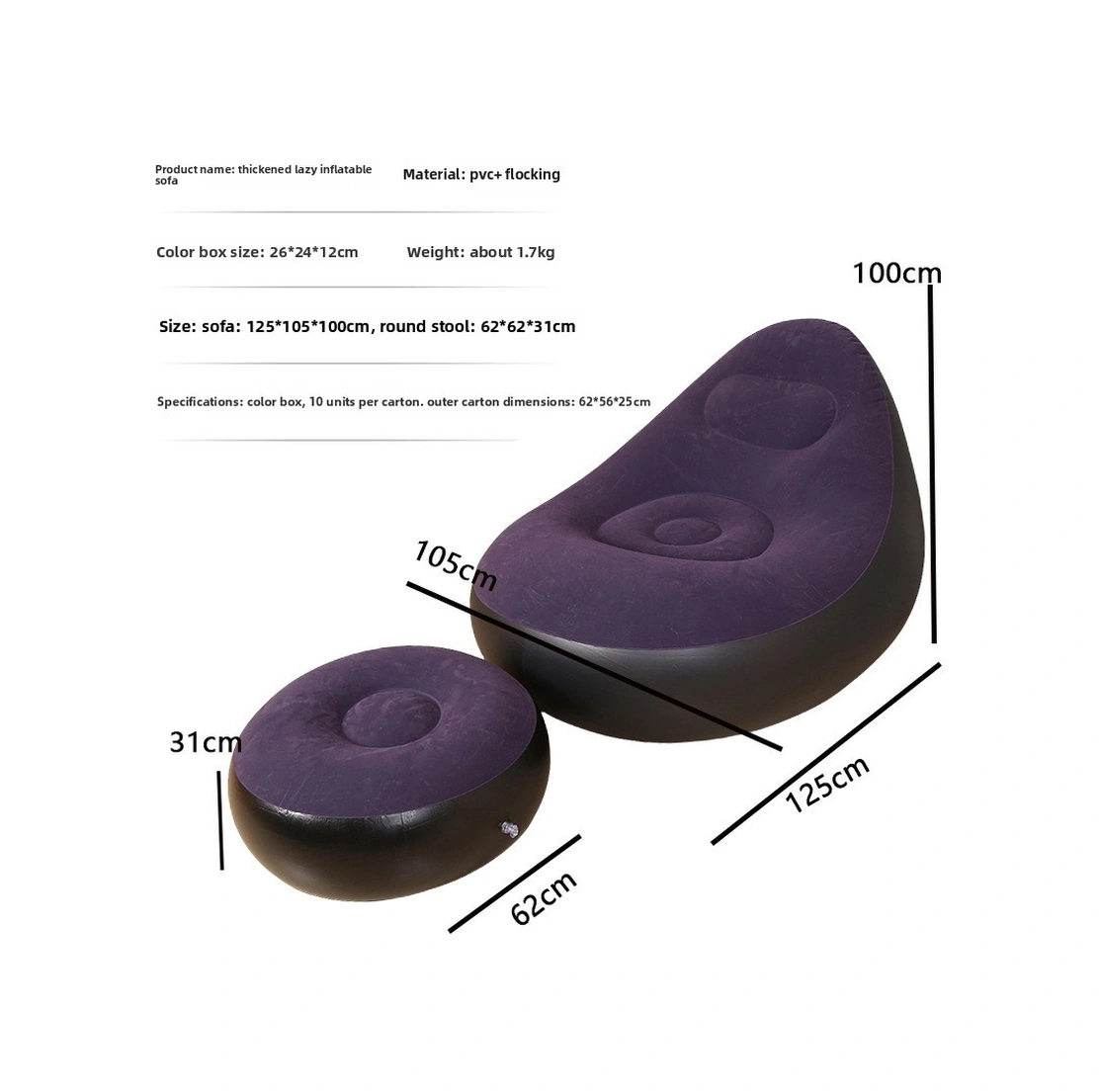 Şişme Lazım Koltuk Ayaklı Set Katlanır Peluş Pvc Salon Şezlong Seti Lacivert 116 98 83cm 1,5kg Lacivert