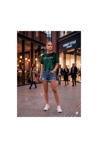 Maşuka Kadife Kumaş Yazlık Kadın T-shirt Tişört Zümrüt Yeşili Zümrüt Yeşili