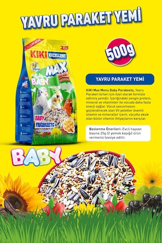 KIKI Excellent Kuş Max Menu Baby Parekets Yavru Paraket Kuşu Yemi 500 Gr. KB304