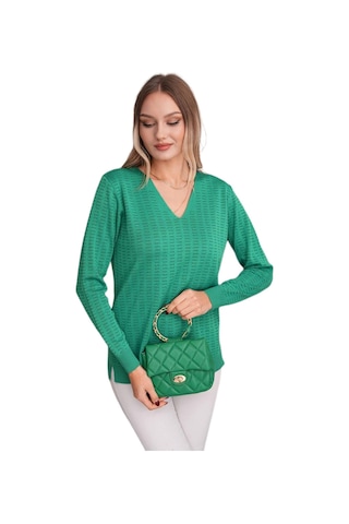Kadın V Yaka Simli Kazak 12809 Bgl-st04106 Yeşil