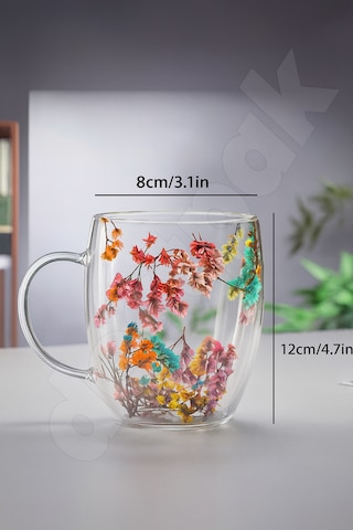 350 Ml Çidarlı Bardak - Çiçekli Çift Cam Bardak - El Yakmaz Camlı Bardak Borosilikat Isıya Dayanıklı Cam - Şeffaf