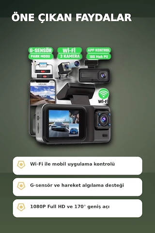 1080p Full Hd 3 Kameralı Wi-fi Araç İçi Kayıt Cihazı Ve Park Modlu Güvenlik Kamerası Seti