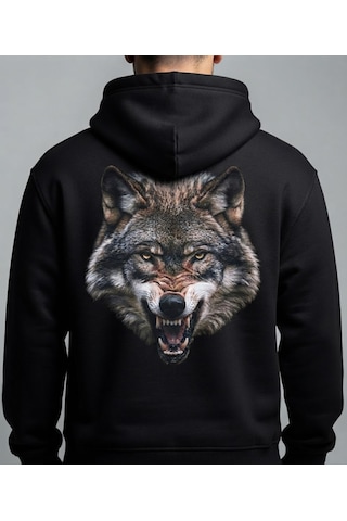 Berru Butik & Textil Kartal Ve Kurt Figürlü Baskı Detaylı Kapşonlu Hoodie / Sweatshirt Kişiselleştirilebilir Siyah
