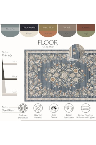 Cool Halı Floor Mavi Çiçek Desenli Vintage Oturma Odası Mutfak Balkon Dört Mevsim Pati Dostu Halı