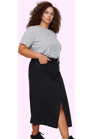 Ersefa Moda Büyük Beden Regular Düz Desen Günlük Midi Boy Ön Yırtmaçlı D Siyah