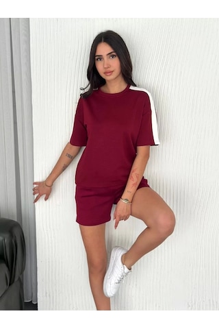 Osy Modal Yumuşak Dokulu Kumaş Kadın Parçalı Bisiklet Yaka T-shirt Kısa Şort İkili Takım - Bordo Bordo