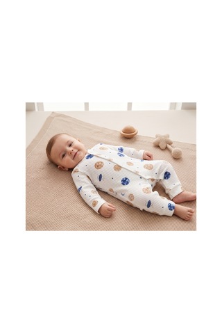 Deniva Kids Erkek Bebek Gezegen Desenli Fitilli Kaşkorse Boydan Çıtçıtlı Pamuklu Tulum - Beyaz 0-3 Ay