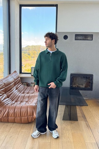 Flaw Half Zip Triko Kazak Yeşil Yeşil