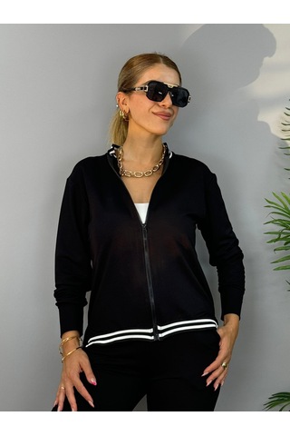 Kadın Iki Iplik Penye Kumaş Fermuar Detaylı Ribanalı Ikili Takım Siyah