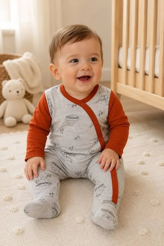 Ferasty İstanbul Unisex Bebek Tulum Rakun Desenli Gri Turuncu