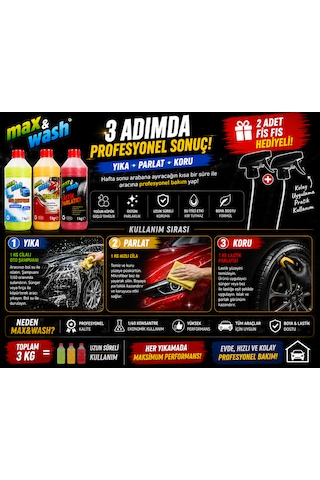 Max&wash Hafta Sonu Araç Bakım Seti 3'lü 1 Kg Cilalı Oto Şampuan + 1 Kg Hızlı Cila + 1 Kg Lastik Parlatıcı + 2 Adet Fısfıs Başlık Hediyeli