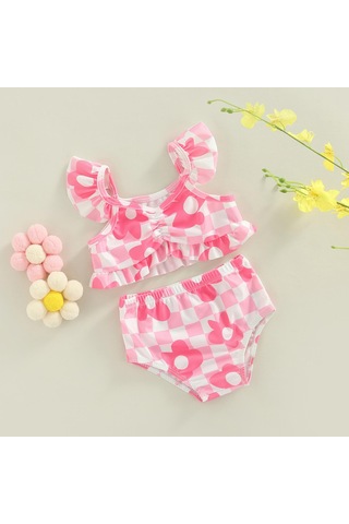 Bebek Kız Bikini Seti, Ekose Çiçek Baskı Fly Kollu Kaşkorse Yaz Plaj İçin Külot Mayo Mayo