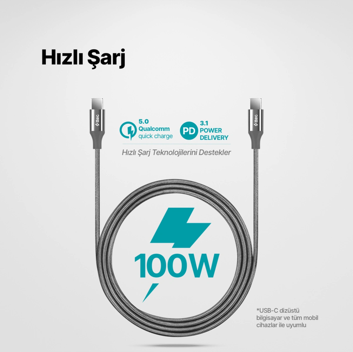 Alumicable Usb-c - Usb-c 150cm 100w Pd/qc Hızlı Şarj/data Kablosu Uzay Grisi