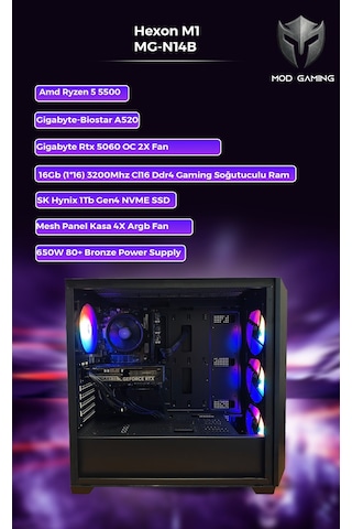 Mod Gaming Nexa MG-N14B R5-5500 16 GB 512 GB SSD RTX5060 W11P Masaüstü Oyuncu Bilgisayarı