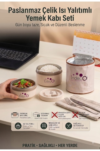 Isı Yalıtımlı Çantalı 2 Parça Vakumlu Lunch Box Yemek Termosu Beslenme Kutusu Sefer Tası Krem