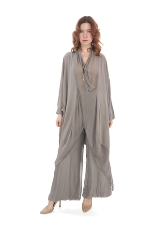 Bohem Stil Italyan Ipek Detaylı Oversize Kap Bluz- Wes Pantolon Takım-8789 Vizon