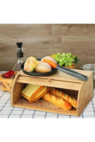 Bambu Rulo Kapaklı Ekmek Kutusu Doğal, Şık Ve Dayanıklı Ekmek Saklama Dolabı 40x27x18 Cm Bambu