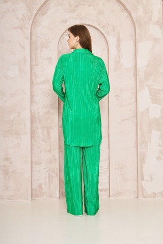 Kadın Pliseli Beli Lastikli Pantolon Tunik Gömlek Ikili Bürümcük Salaş Takım 3573300 Yeşil
