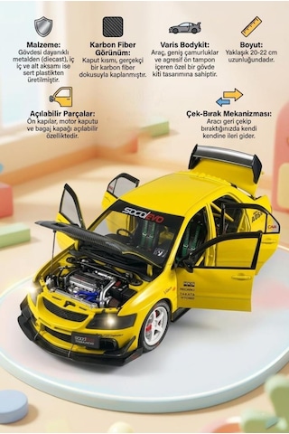 Hobiez World 1:24 Lisanslı Metal Mitsubishi Lancer Evolution Ix Kapısı Kaputu Ve Bagajı Açılan Model Araba Sarı