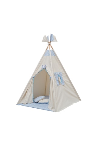 Exorbaby Lüks,büyük Boy,ahşap Ve Pamuklu Naturel Kumaş,toplanmaz,devrilmez,puf Minderli Oyun Çadırı Mavi
