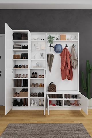 Lüks Aynalı Portmanto Askılı Vestiyer %100 Mdf Çok Raflı Ayakkabılık V03 Beyaz