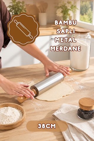 Porsima Mnb05772 Ahşap Saplı Paslanmaz Çelik Merdana Oklava Hamur Pizza Börek Açma Oklava 38cm