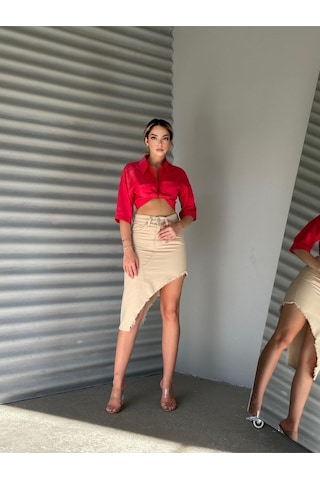 Shevega Kadın Beyaz Etek Püskül Asimetrik Kesim Keten Etek Bej