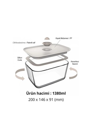 Fika Clik Dikdörtgen Cam Saklama Kabı 1380 Ml - Bej-7335