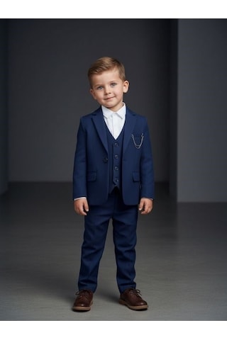 Zekids Erkek Çocuk Slim Fit 3 Lü Takım Elbise Ceket + Yelek + Pantolon -10333 Lacivert
