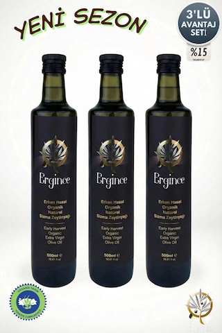 Ergince Organik Erken Hasat Natürel Sızma Zeytinyağı Soğuk Sıkım 0,18 Asit Premium Lezzet 3x500 Ml