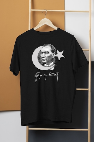 Atatürk Gazi Mustafa Kemal 10 Kasım Türk Bayrağı Baskılı Siyah T-shirt Unisex Tişört 001